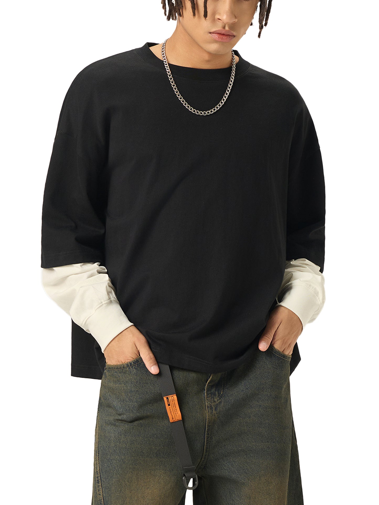 HMC Layered Contrast Sleeve Cotton T-Shirt